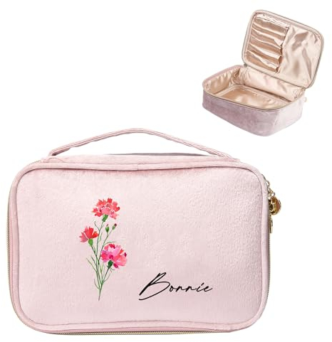 Kosmetiktasche für Frauen Personalisierte Große Schminktasche Mit Namens Geburtstagsblumen Gravur Kosmetikkoffer Reißverschluss Waschtasche (Samt-Rosa)