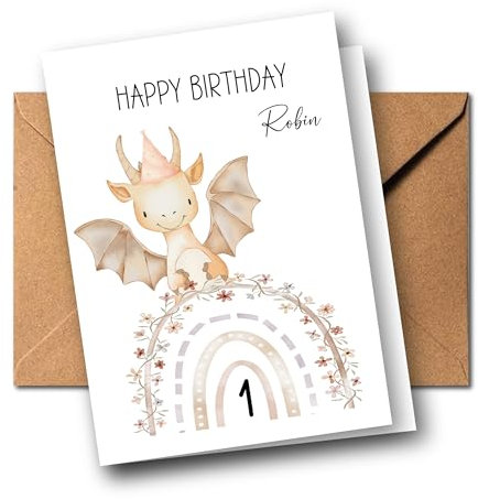 Boho-Geburtstagskarten für Kinder – niedliche Tiermotive, personalisiert mit Name und Alter, für den perfekten Kindergeburtstag! (Drache)