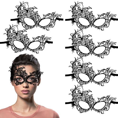 6-teiliges schwarzes bezauberndes Spitzen-Augenmasken-Set mit dekorativen Diamanten, anspruchsvolles Spitzen-Design für Mädchen, ideal für Halloween-Partys mit Kostüm, bestes Geschenk für Erwachsene,