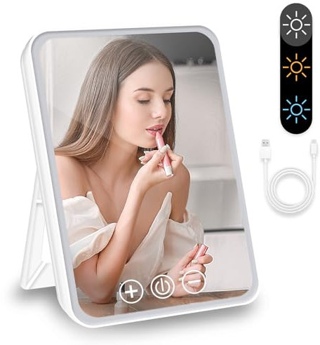 SweetPea Cherish Makeup Mirror with Lighting LED Cosmetic Mirror for Tabletop Simple Vanity Mirror for Travel, Portable Lightweight freestanding, 3 Color Light Adjustable brightness, 85° Rotation
