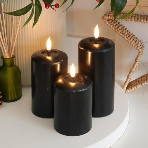 Ember Candles™ 10cm, 12.5cm & 15cm Signature Black LED Indoor Flickering Battery Candles – 100% Real Wax, Ultra-Realistic, Flameless, Hand-Poured Design, 6-Hour Timer (Without Remote Control)