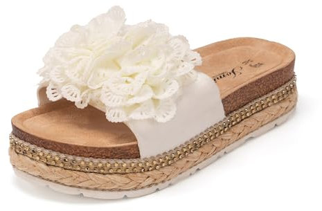 JOMIX Damen Sandalen Pantoletten mit Absatz Blumen Clogs Dicke Sohle Kork Hausschuhe Sommerschuhe Slipper Wandern Meer Strand Pool (Weiß, 38EU, WCF250334)
