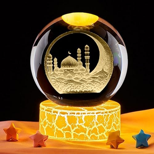 FUFRE ramadan deko LED kristallkugel nachtlicht,eid mubarak dekoration,6cm USB Stromversorgung Kristallkugel mit Sockel,muslimische deko geschenke für Kinder, Freunde,Paar,Geburtstag, Festival (E)