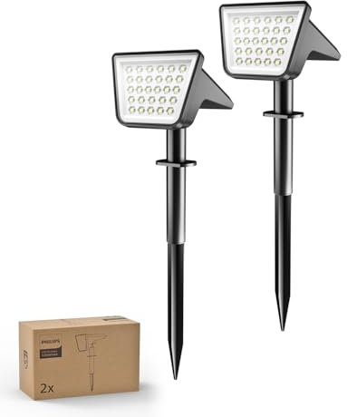 Philips Lot de 2 Projecteurs Spots Lampes Solaires d'Extérieur Étanches, 28 LED 7500K, Éclairage Paysager pour Jardin, Allée et Pelouse, Fonction Crépuscule à l'Aube