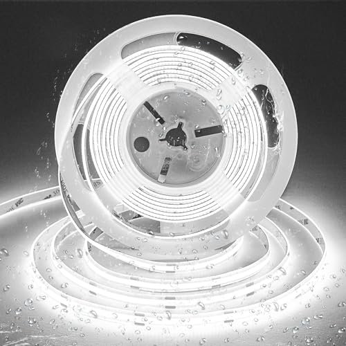 SIRYYUI COB Waterproof LED Strip Lights IP65 5M,6000K Cool White,480LEDs/M High Density 12V Dotless Tape Light,CRI90+,Self-Adhesive Strip Lights Perfectly Bathroom,Kitchens Decor (No Power Supply)