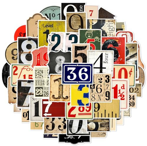 Vintage Zahlen Aufkleber 50Pcs für Laptop, Fahrrad, Gepäck, Graffiti-Patches, Gitarrenaufkleber für Skateboard, Gepäck, Fahrradstoßstange