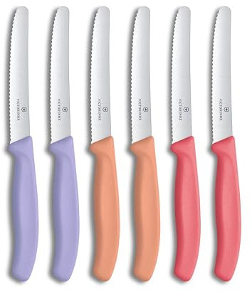 Victorinox Swiss Classic, Breakfast Knife, Table Knife Set, 6-Piece, Sharp Blade, Serrated Edge, 11 cm, Stainless Steel, Purple, Orange and Pink