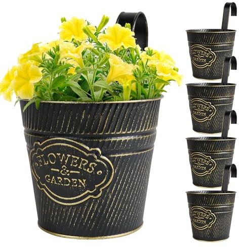 BOOMTOP 5pcs Maceta Colgante Hierro Metal con Gancho Extraíble Orificio de Drenaje, Maceta Cubo Vintage Flores Planta Jardín Pared Balcón Valla Hogar Patio Exterior Interior Decoración, 15cm Anchuras