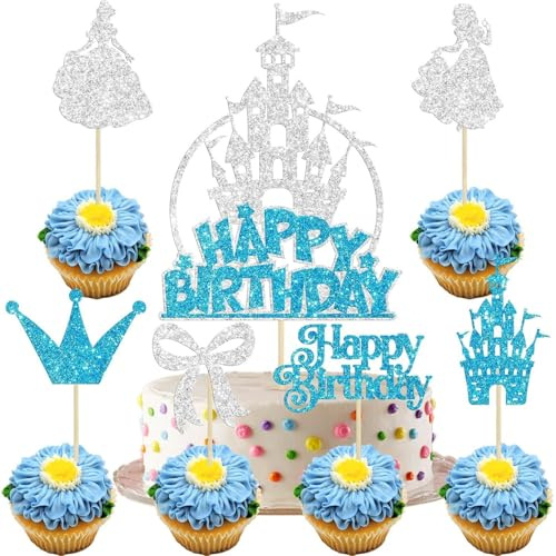 13Stk Blaues Schloss Geburtstagstorte Dekorationen, Prinzessin Kuchen Dekorationen, Prinzessin Party Dekoration Zubehör, Kinder Geburtstag Party Dekorationen