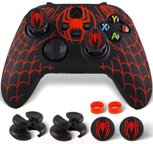 PlayRealm 1 adhesivo de silicona y 2 empuñaduras extensoras para mando Xbox Series X/S, telaraña, color rojo