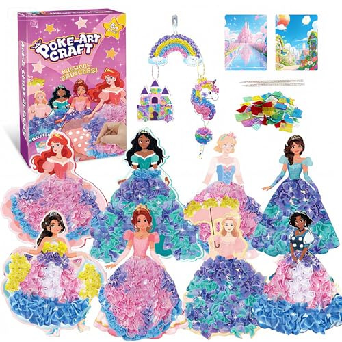 Afufu Poke-in Art Bastelset Kinder 3-12 Jahre, DIY Kindertagsgeschenke Mädchen mit 8 Prinzessinnen & 800 Stoffstücke, Basteln Activity Spiel Kreatives Party Mitgebsel Geschenk 4 5 6 7 8 9 10 11 Jahre