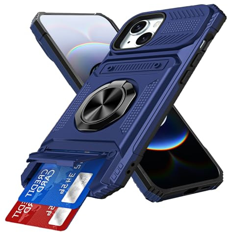 IMEIKONST Coque pour iPhone 14/13 6.1 avec Porte Carte Bleu TCKB | Anneau Magnétique Béquille, Protection Caméra, Silicone Protection Militaire Antichoc Étui, PC Dur Anti-Rayures Housse