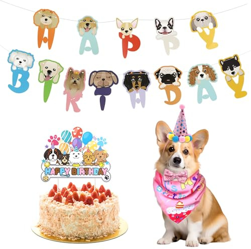 ZSSZD 5 Pièces Accessoire Fête d'anniversaire pour Chien Ensemble, Chapeau, Noeud Papillon, Serviette à Bouche, Décoration Gâteau d'anniversaire, Bannière Colorée, pour Chien Petite Taille et Chat