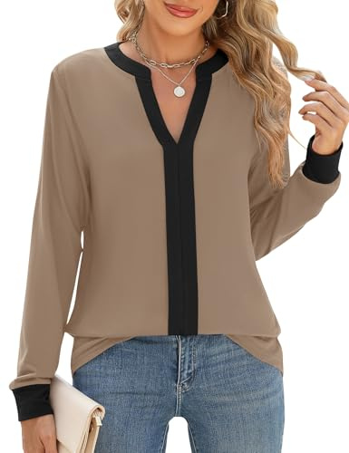 IECCP Womans Casual Blouses V Neck Tops for Leggings Work Long Sleeve Tshirts Dressy Loose Fit Fall Trendy Tunic Black_Khaki M