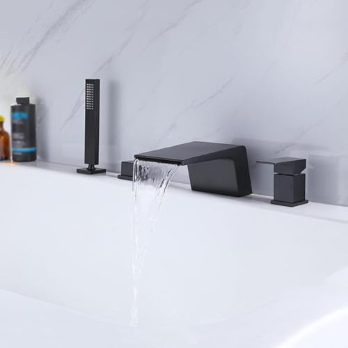 YCVAWEOD Wasserfall Badmixer Zapf mit Dusche 4 Löcher Deck Mount Bad Duschmischer Tap Doppelhebel, schwarz LWX