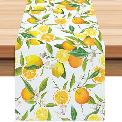 1 Stück Zitronen Tischläufer, 33x183 cm, Abwaschbarer Polyester Tischdeko mit Zitronenmuster, Für Küche Esstisch Party Deko , Gelb Grün(Frühling Sommer Herbst)