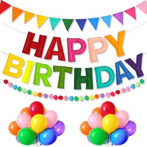 38Pcs Regenbogen Geburtstagsdeko - Happy Birthday Banner, Helium Iuftballons Bunte, Iuftschlangen und Filz Girlande, Happy Birthday Girlande, Party Deko Geburtstag für Männer Frauen Mädchen Junge