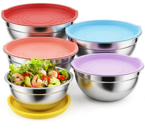 DMOPRDNB Mixing Bowls with Lids Set 5Pcs, Heavy-Duty Stainless Steel Salad Bowls with Airtight Lids, Nesting Kitchen Mixing Bowls for Baking, Dough Kneading, Food Storage & Serving - Dishwasher Safe
