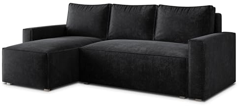 Masseno Ecksofa POTARO LM mit Schlaffunktion L-Form, Glamour Sofa mit Bettkasten, Wohnzimmersofa, Couch, Soffa, Bettsofa, Couchgarnitur - Schwarz, LUMO 80