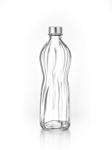 Italia Velluto - Botella de cristal con tapa de acero inoxidable, estructura ondulada, 1000 ml, 1 litro, botella de agua para agua, zumo, refresco, kéfir y leche (1 botella de cristal)