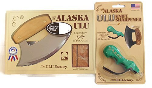 Alaska Ulu Messerset mit Ulu Messerschärfer, dieses Ulu Messer kann als Mezzaluna Chopper, Bolo Rollmesser und gehacktes Salatwerkzeug verwendet werden.