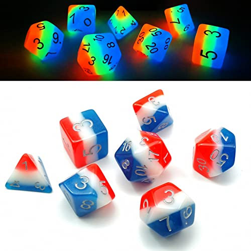 Bescon Glowing Polyhedral Dice 7pcs Set French KISS, Luminous RPG Dice Glow in Dark, DND Role Playing Game Dice