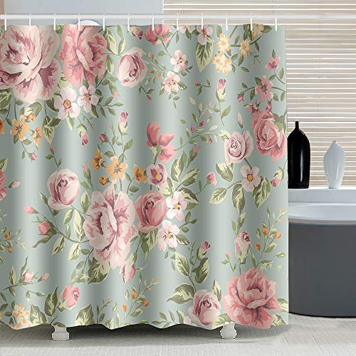 ufengke Duschvorhang Rosa Rose Blume mit 12 Haken Grün Duschvorhang aus Stoff Polyester Wasserdicht Anti Schimmel für Badezimmer 180x180cm