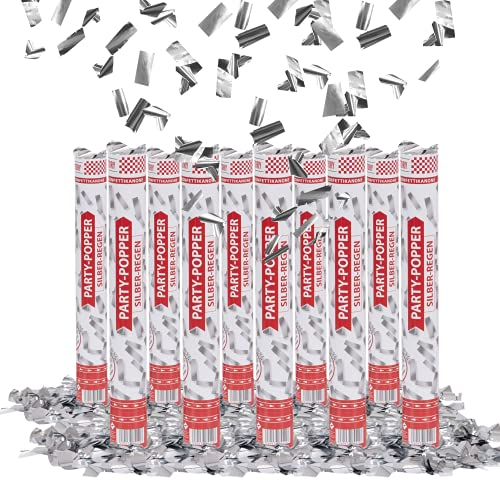 Party Factory 10er Set Party Popper, 40 cm, Silber Konfetti, bis 8 m Effekthöhe, Konfettiregen für Hochzeit, Geburtstag oder Silvester
