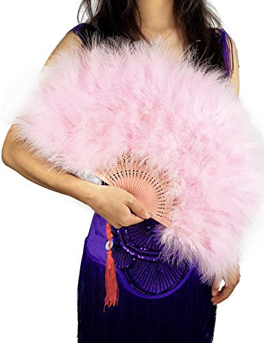 HAPPY FEATHER Handheld Marabou Feather Fan, 1920s Vintage Style Flapper Hand Fan for Costume Party and Dancing-Light Pink