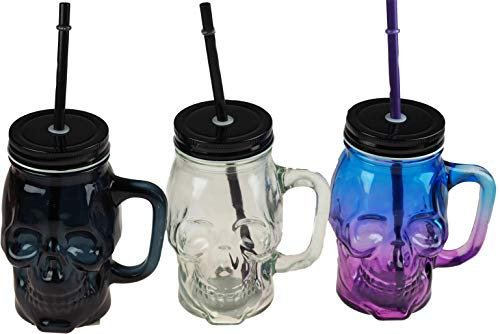 Gem Imports Set Of 3 Skull Head Halloween Drinking Glass Jars With Lid Straw