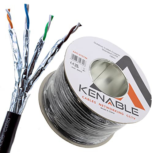 kenable External Shielded CAT6A S/FTP Outdoor Ethernet Cable - 100m Black Reel