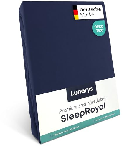Lunarys® SleepRoyal Luxus Spannbettlaken 200x220 cm - Dunkelblau - 250 g/m² Premium Bettlaken - 40 cm Steghöhe für hohe Matratzen, Boxspringbett & Matratze + Topper & Wasserbett - Stretch Jersey