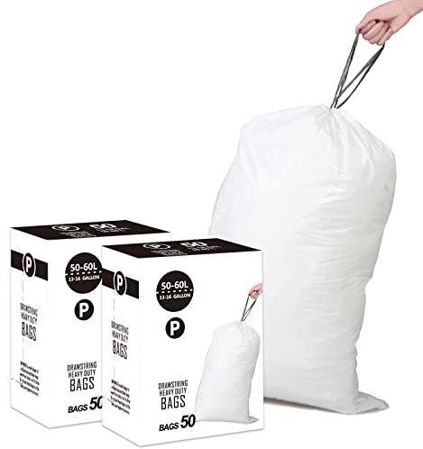 Code P Lot de 2 sacs poubelle (100 pièces au total) de 40 à 50 litres en plastique robuste de 1,2 mm d'épaisseur avec cordon de serrage renforcé compatibles avec les sacs poubelle Simpleman Code P