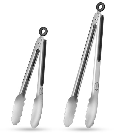 TACGEA Stainless Steel Kitchen Tongs, Silicone Non-slip Grip, Locking Grilling Food Tongs Set of 2, 9-inch & 12-inch