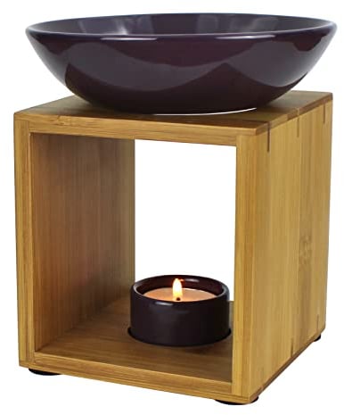 Bitto Duftlampe Malmö Aubergine mit Kerze, große Schale, Fair Trade, Aromalampe aus Bambusholz und Keramik