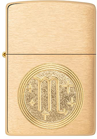 Zippo Sturmfeuerzeug - Scorpio Emblem, Sternzeichen - Brushed Brass Finish - Nachfüllbar - Wiederverwendbar - Windfestes Design - Geschenkbox - Made in USA