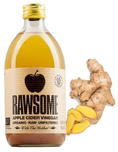 Rawsome Vinegars - Vinagre de Sidra de Manzana con la Madre Aderezado con Jengibre y Cúrcuma. Vinagre Ecológico Puro Sin Filtrar Sabor Afrutado. Botella Vidrio 500 ml