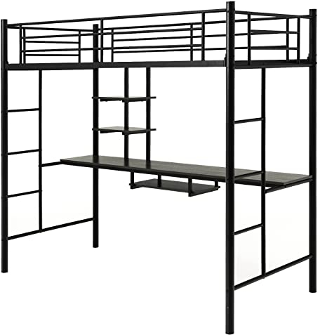 Multigot Bunk Bed with Desk, 2-Side Ladder Single Loft Bed with Open Shelves and Safety Guardrail, Metal Frame High Sleeper for Kids Teenagers Adults (Black)