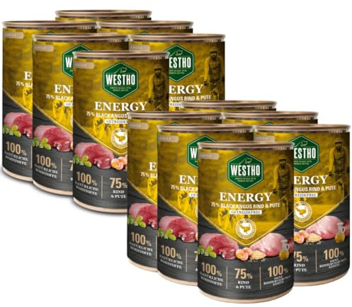 WESTHO Energy Hundefutter nass 12x400 g, getreidefrei, Rind & Pute | Adult: Lebensmittelqualität, extra viel Fleisch – für ausgewachsene & aktive Hunde