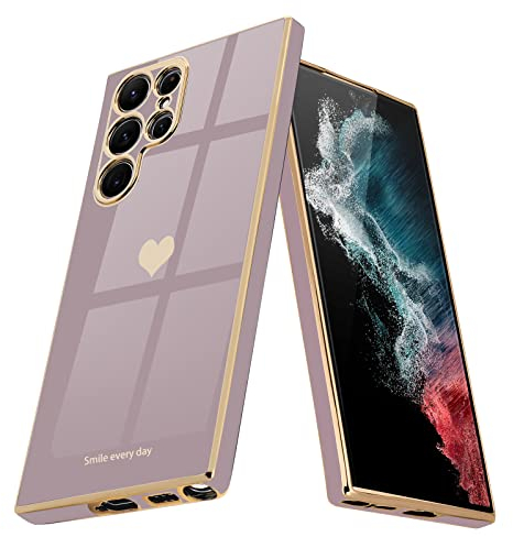 Teageo Kompatibel mit Samsung Galaxy S22 Ultra 5G Hülle, Süße Herz Mädchen Handyhülle Luxuriös Galvanisierte Weich TPU Kameraschutz Kratzfest Stoßfest Schutzhülle für S22 Ultra 5G, Sakura Lila