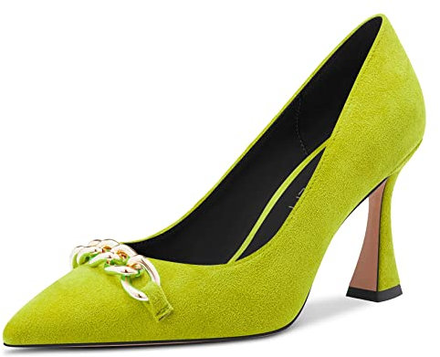 HDEUOLM Mujer Alto High Chunky Ancho Heel Puntiaguada Punta Pumps Slip-on de Boda Oficina Dress Zapatos Verde Lima Ante 36 EU