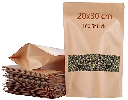 AKOLAFE Bolsas de Papel Marrón Con Ventana, 20 x 30 x 5 cm, Herméticas, Para Dulces, Nueces, Granos de Café, Especias, Hojas - 100 Unidades