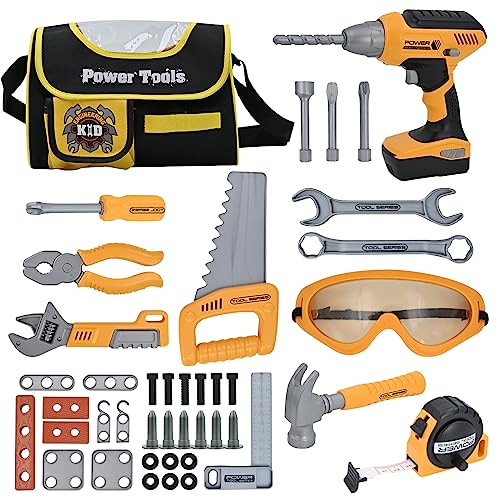 Hyrenee Outils de Travail Jouet Enfants 37 Pièces Constructions Boîte à Outils avec Perceuse Jeu D'imitation Jeu Éducatif Anniversaire Noël Cadeau pour Enfants 3-8 Ans (Sac à Outils)