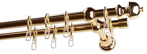 Garesa Gardinenstange Andrea Ø 20mm, 2-läufig, Messing I Stabile Vorhangstange inkl. Ringe + Faltenlegehaken I Mit Endknopf Profil klein I 300cm