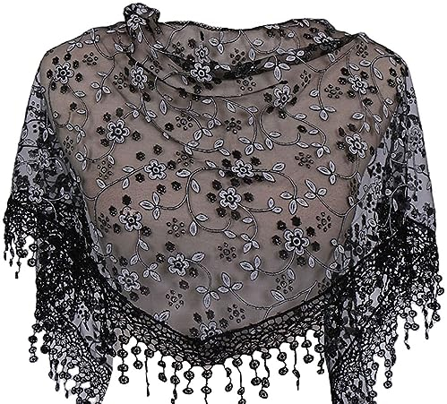 MAIRY Mantilla Katholisch Damen Spitze Schal Schleier Kopftuch Stola Schwarz Weiß für Kirche Mass Latein Kapelle Braut Trauer DE138001