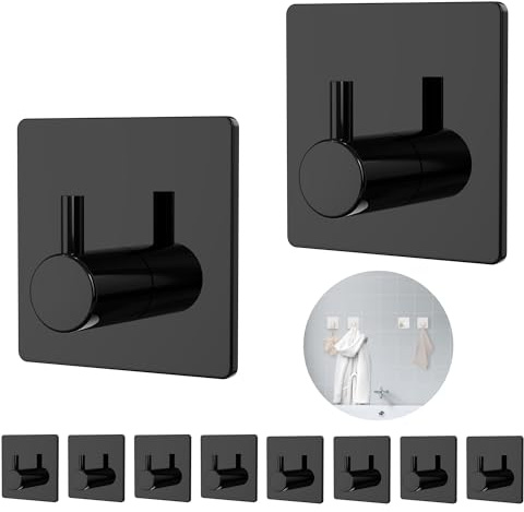 Aikzik 10 Pack Self Adhesive Hooks, Plastic Sticky Hook Heavy Duty, Over 8kg Load - Hooks for Hanging for Towel, Coat, Key, Stick on Bathroom, Kitchen, Door and Wall, Black