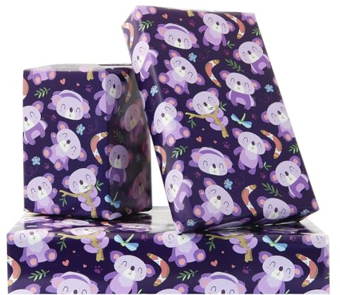 Geburtstags-Geschenkpapier für Kinder, Mädchen, Jungen, Frauen, süßer Koala mit Bumerang-Design, Geschenkpapier für Geburtstag oder Babyparty, 4 flach gefaltete Blätter, 50x70 cm pro Blatt