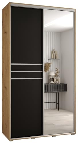 MEBLE KRYSPOL Davos 11 130 Schrank mit Zwei Schiebetüren für Schlafzimmer - Moderner Schrank mit Spiegel, Kleiderstange und Regalen - 235,2x130x60 cm - Artisan Schwarz Silber