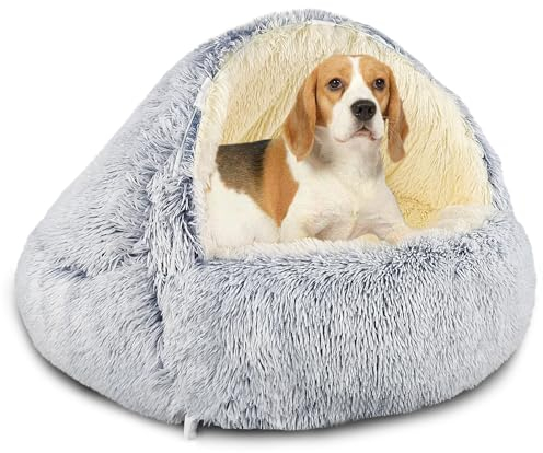 SUOXU Hundebett mit Kapuze und Stützen, Deluxe-Plüsch-Hundehöhlenbett für mittelgroße kleine Hunde und Katzen unter 10 kg,wärmendes, abnehmbarer,waschbarer Bezug und rutschfeste Unterseite(grau, 60cm)