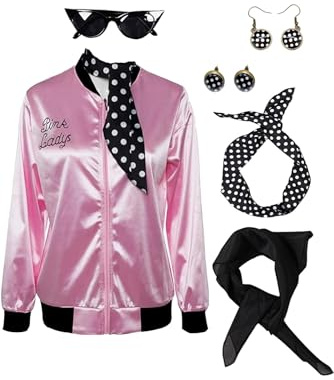 helymore Costume da donna anni '50, giacca di raso rosa sabbia con sciarpa al collo, costume di Halloween